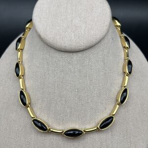 Vintage Monet Necklace Black Cabochon Gold Tone Bar Link Collar Classic Look